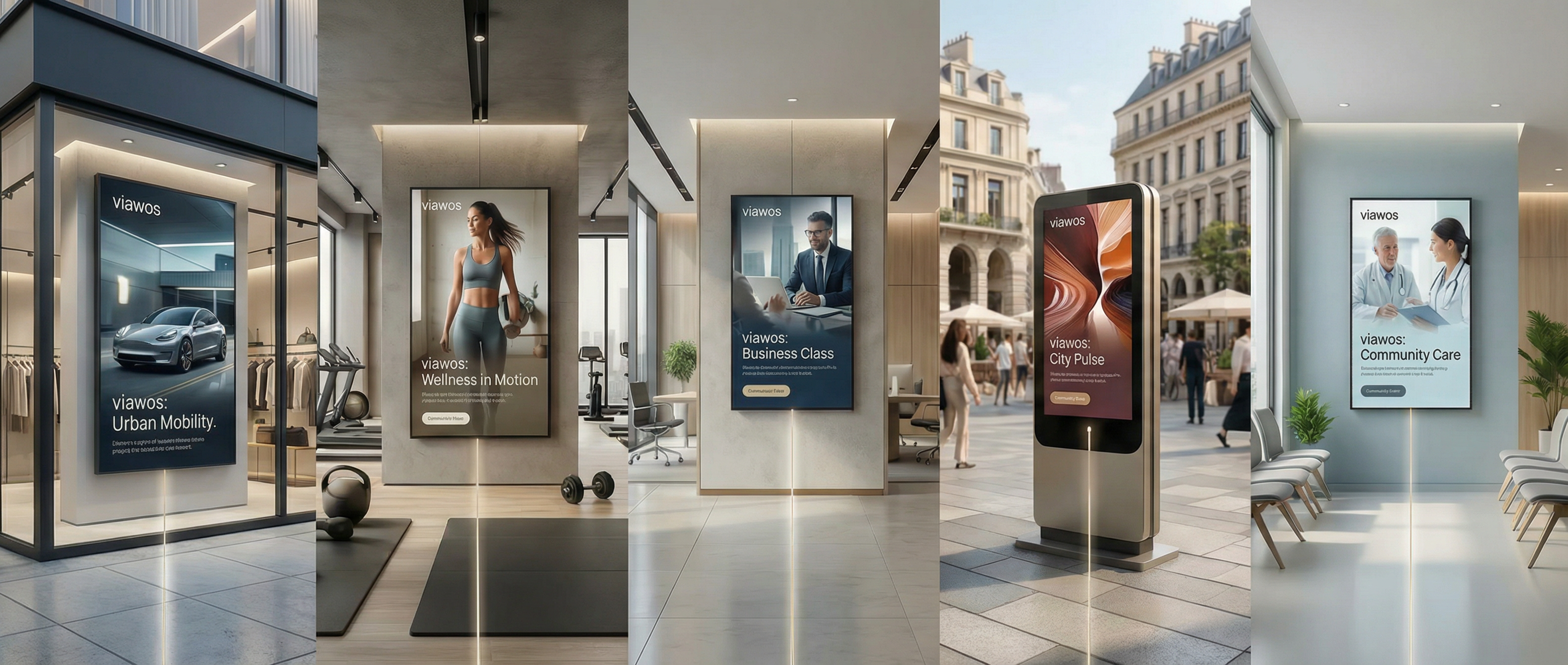 viawos DOOH Netzwerk in verschiedenen Premium-Umfeldern